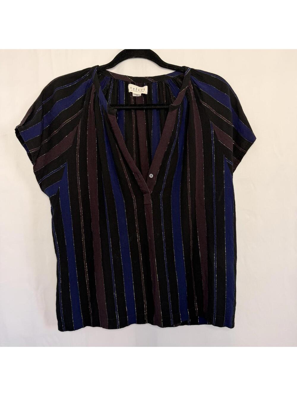 Velvet Brand Womens Black Striped Short Sleeve Blouse V Neck Size XS